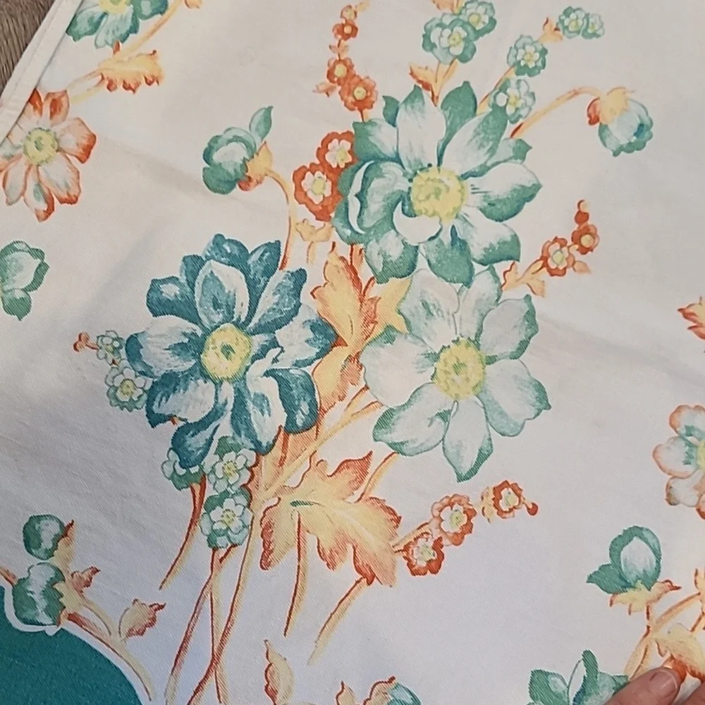 Vintage Floral Table Runner with Teal Blue and Orange Accents